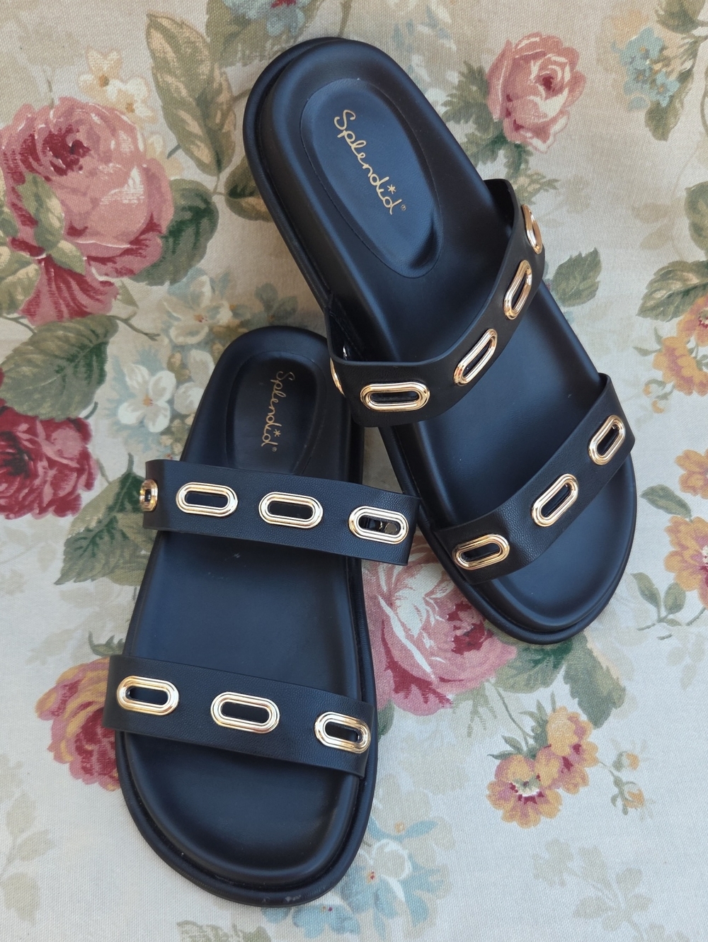 Splendid Clauda Black Slide Sandals with Gold Accents Women's 9